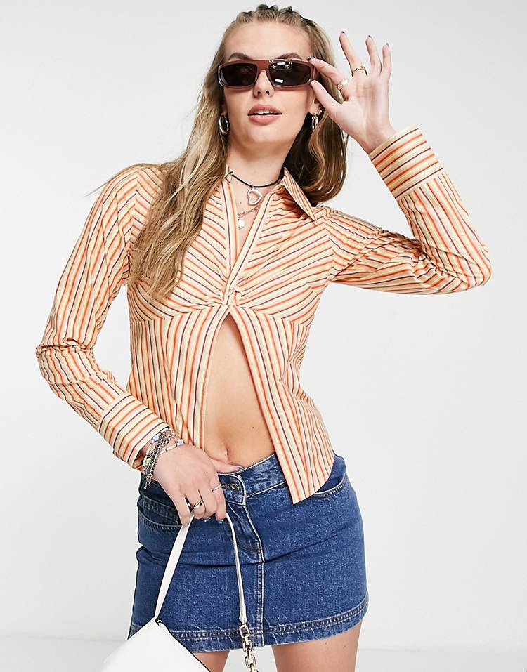 COLLUSION Y2K stripe fitted shirt with opening in multi